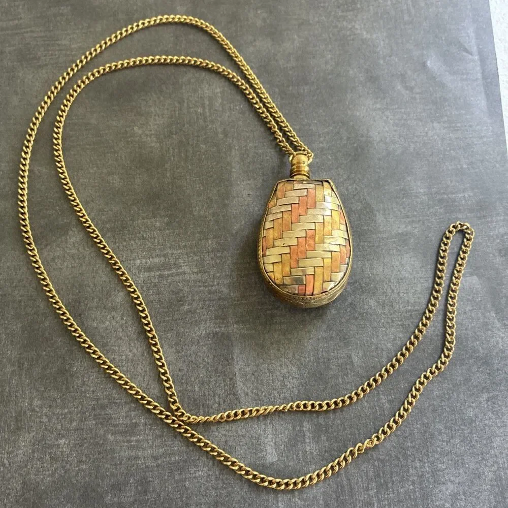 Vintage Perfume Bottle Necklace Pendant Chatelaine Woven Mixed Metal Flask 1.6oz